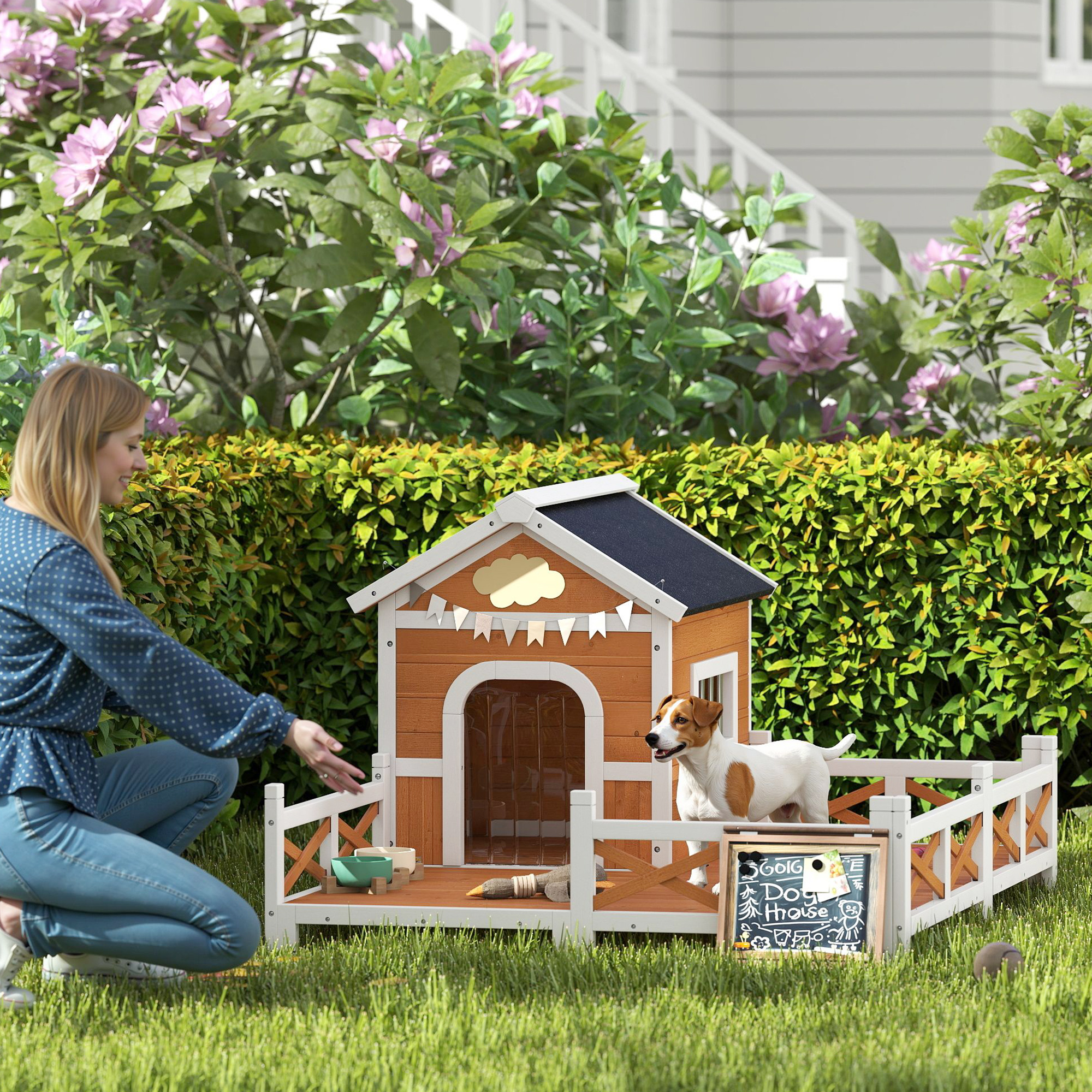 Outdoor Wooden Dog House, Dog Shelter With Large Porch, Weatherproof & Openable Roof, Elevated Base, Removable Floor — imagen 1