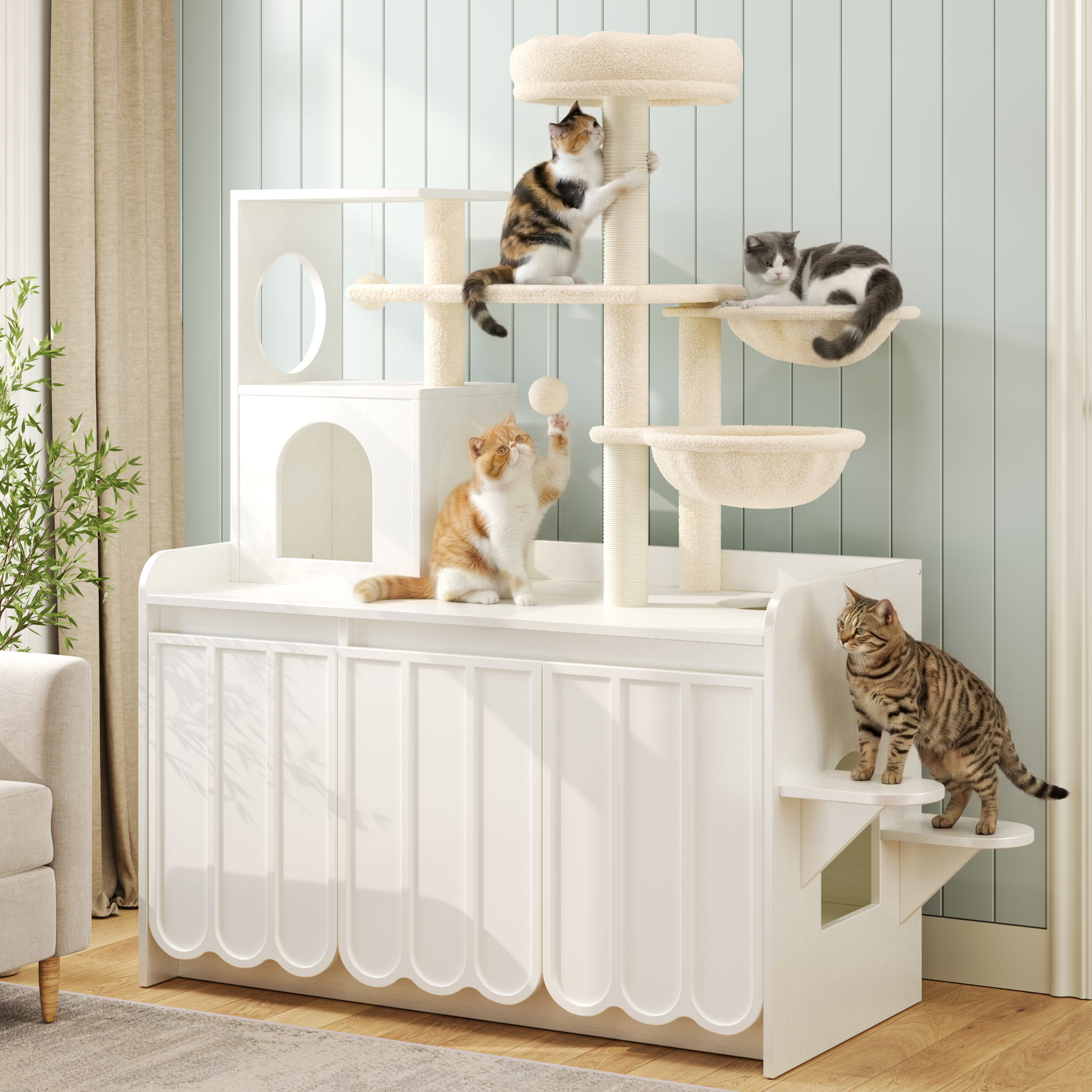Rascador para Gatos de 50.6" con Cubierta para Caja de Arena, Torre para 5 Gatos con Poste Rascador de Sisal y Espacio de Almacenamiento, Mueble con Caja de Arena Oculta, Condominio Moderno Todo en Uno con Casa, Hamaca y Percha, Blanco — imagen 1