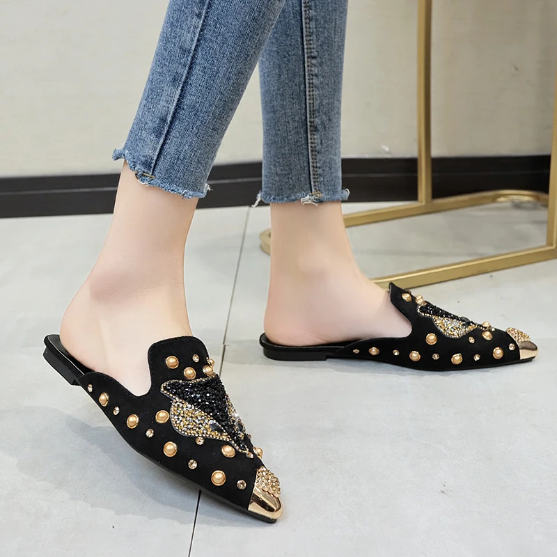 Women Shoe Fashion String-bead Pointed Rhinestone Rivet Flat Women Slippers Slip-On Mules Loafer Sandals Slides Ladies Shoes — image 4