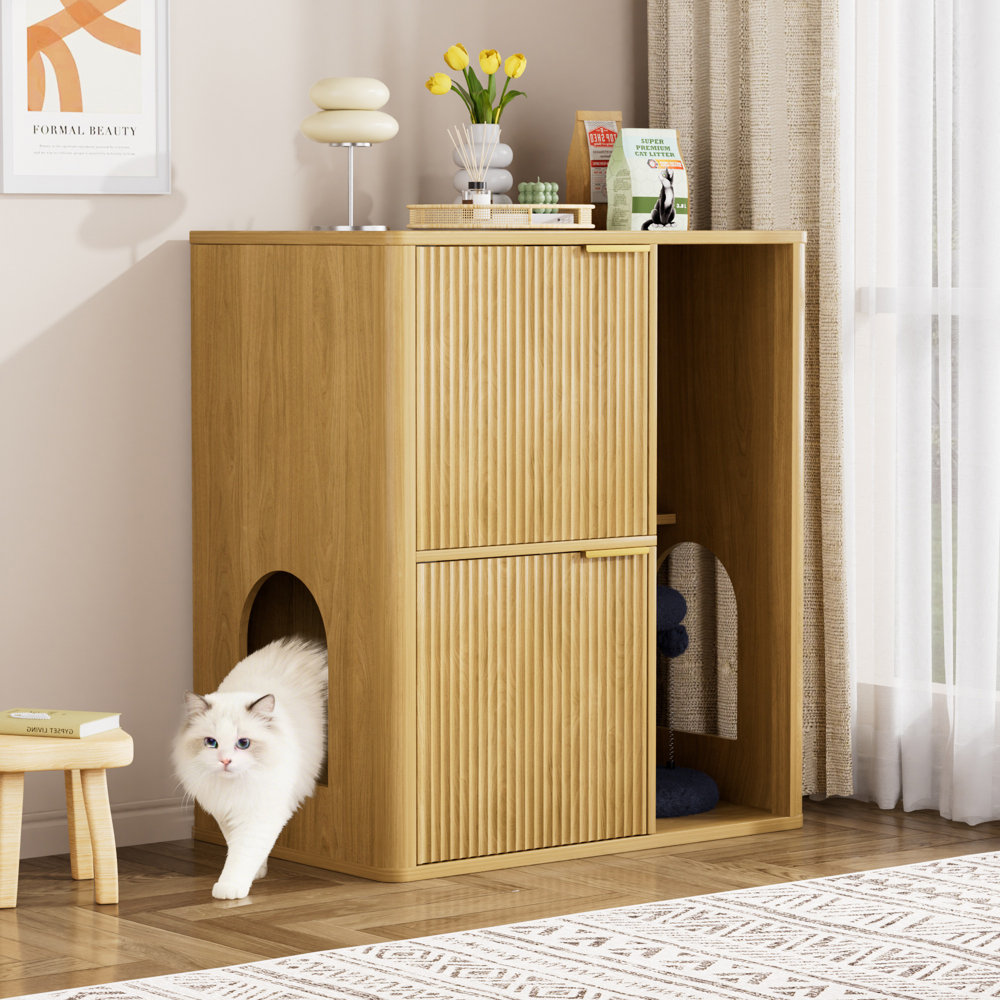 Gabinete para Arenero de Gato de 31.5 Pulgadas en Madera Clara con Rascador Integrado - Mueble Oculto con Puertas Dobles para Gatos y Repisas de Almacenamiento, Gabinete Versátil para Sala o Dormitorio — imagen 5