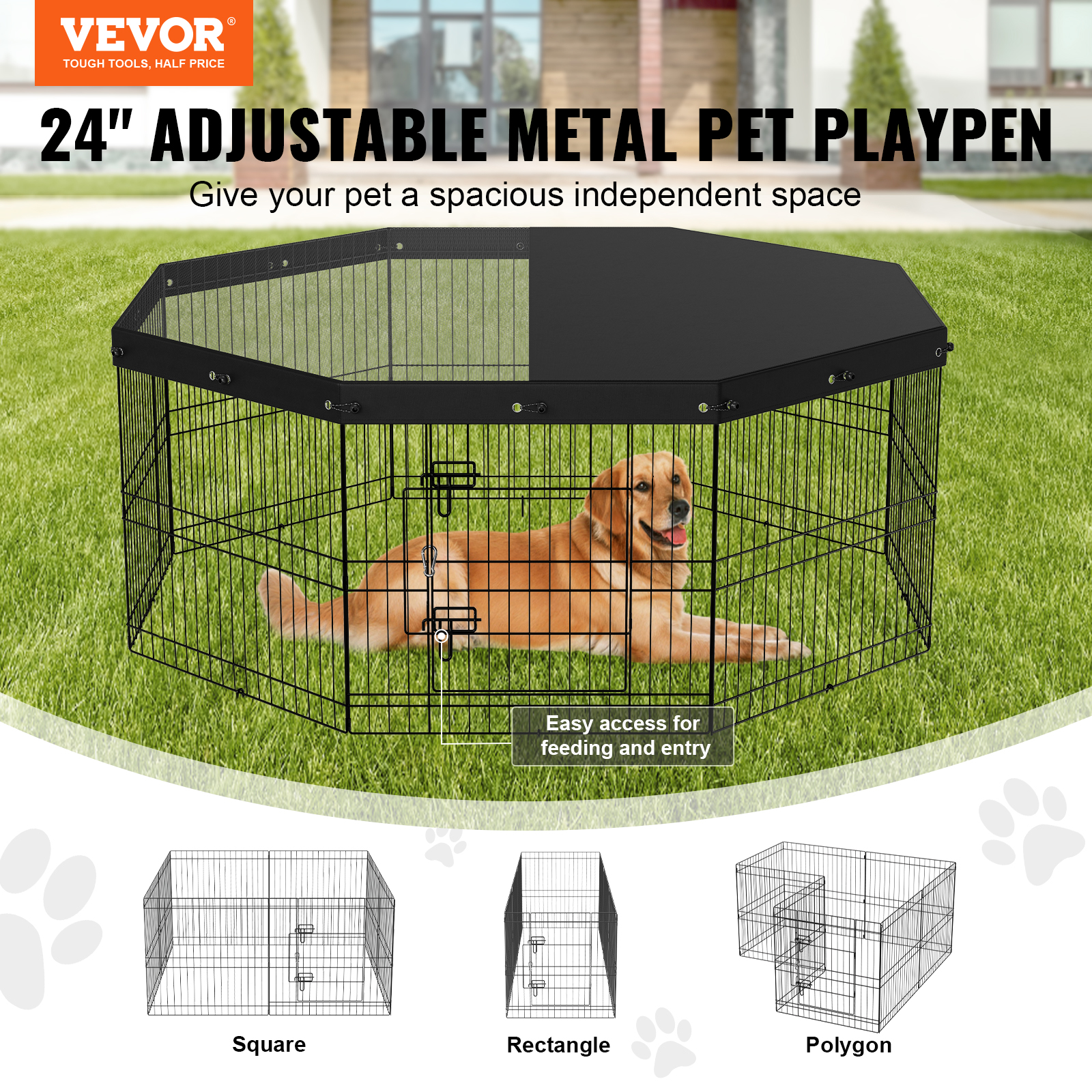 Cubo de Juego para Perros VEVOR, 8 Paneles Reutilizables con Cubierta Superior, 24" de Alto, Cárcel para Mascotas Portátiles con Estacas de Tierra para Pequeños y Medianos Animales, Indoors-Outdoors — imagen 1