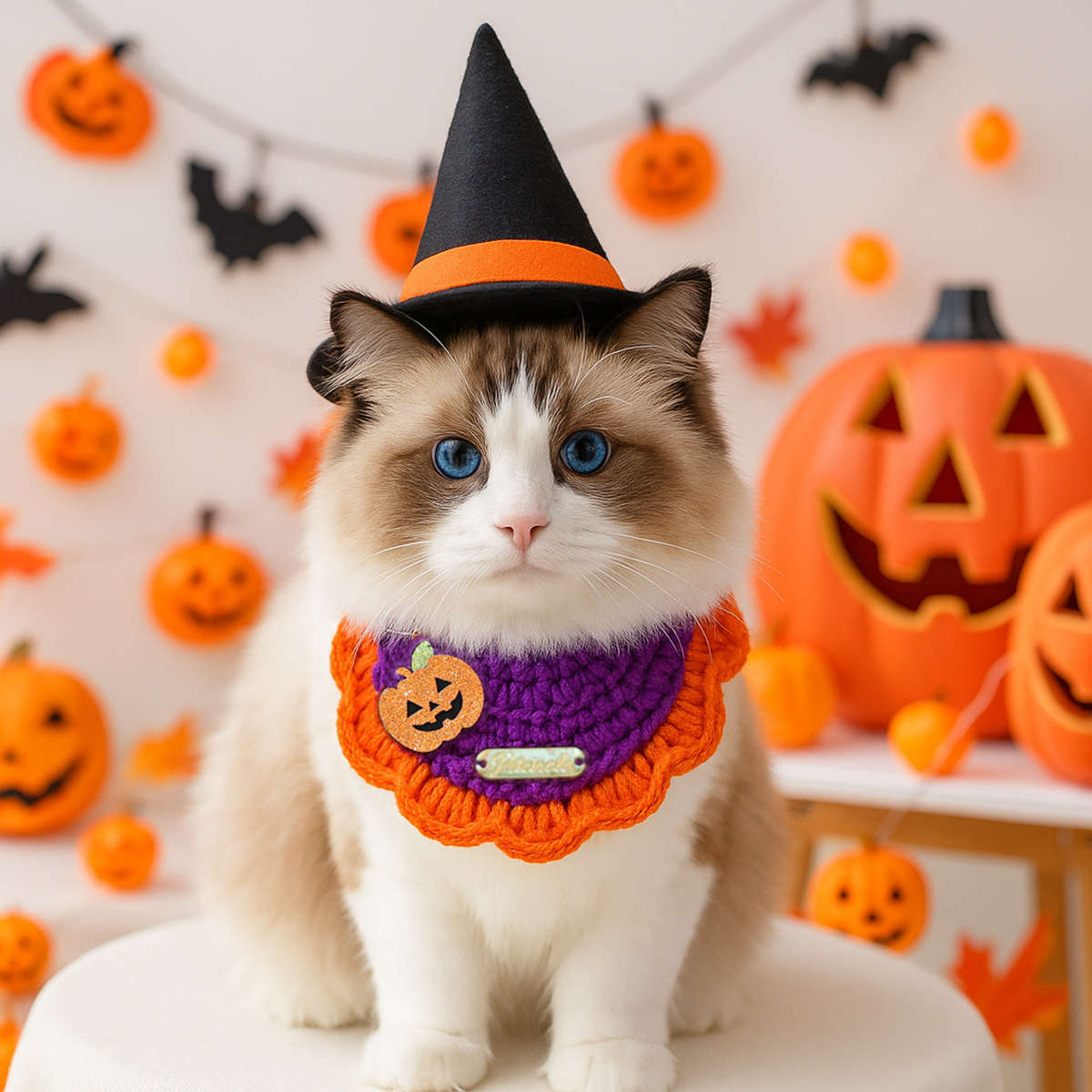 Pet Accessories Halloween Knit Gold Label Bandana Cat Dog Neck Scarf Ghost Festival Pumpkin Collar — image 2