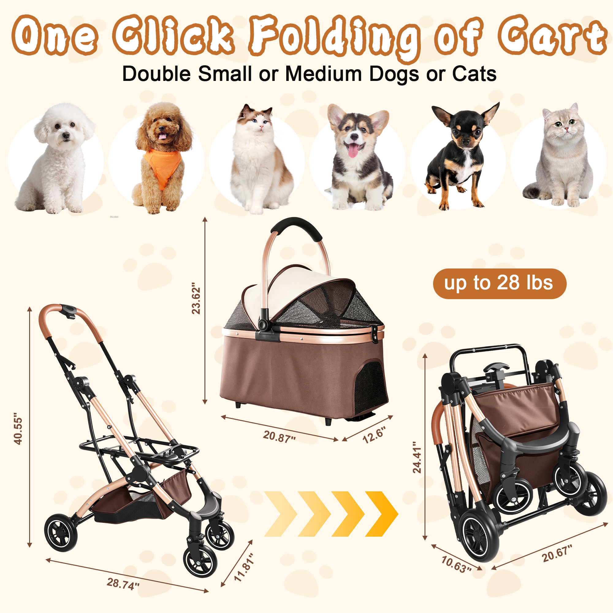 Muleta para Mascotas 2 en 1: Carruaje de 4 Ruedas Reversible con Canasta de Almacenamiento y Sombrilla Solar (Khaki + Oro) — imagen 16