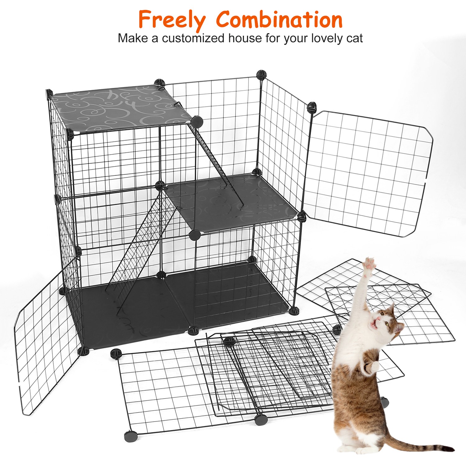 Jaula/Corral Metálico para Gatos de 3 Niveles, Casa Desmontable para Gatitos con 3 Puertas y 2 Escaleras, Amplio Espacio de Ejercicio para 1-2 Gatos, Negro — imagen 5