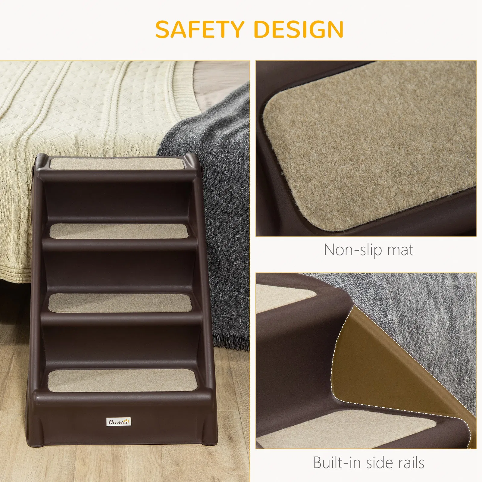 4-Level Portable Pet Stairs, Foldable Dog Ramp, Lightweight Cat Steps, with Nonslip Soft Mats, for High Bed, Sofa, Up to 44 lbs, Dark Brown — image 4