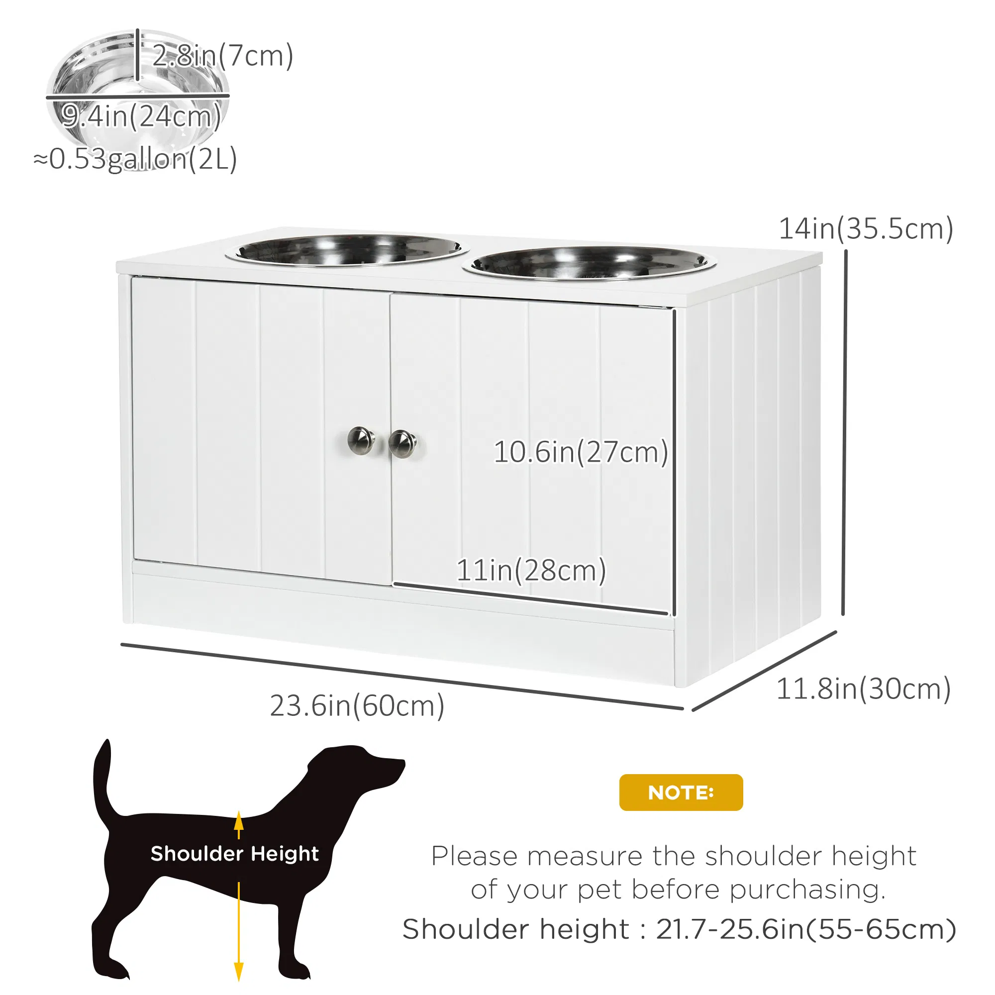 Elevated Dog Bowls for Large Dogs Pet Feeding Station with Stand, Storage, 2 Stainless Steel Food and Water Bowls, White, 23.6" x 11.8" x 14" — image 4