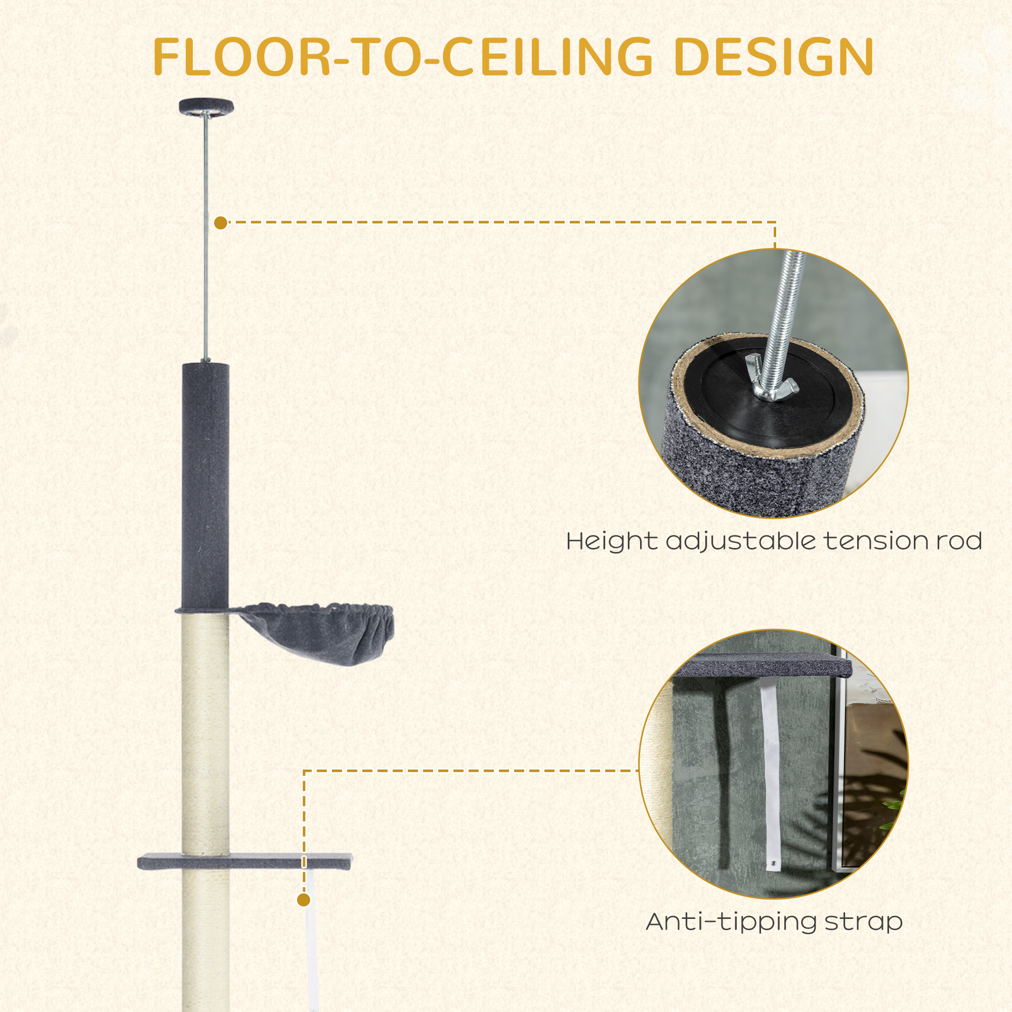 Floor To Ceiling Cat Tree, 5-Tier Cat Climbing Tower, 95-106 Height Adjustable with Carpeted Platforms, Cozy Bed, Hammock, Scratching Post & Toy Ball for Indoor Cats, Dark Gray and Cream — image 7