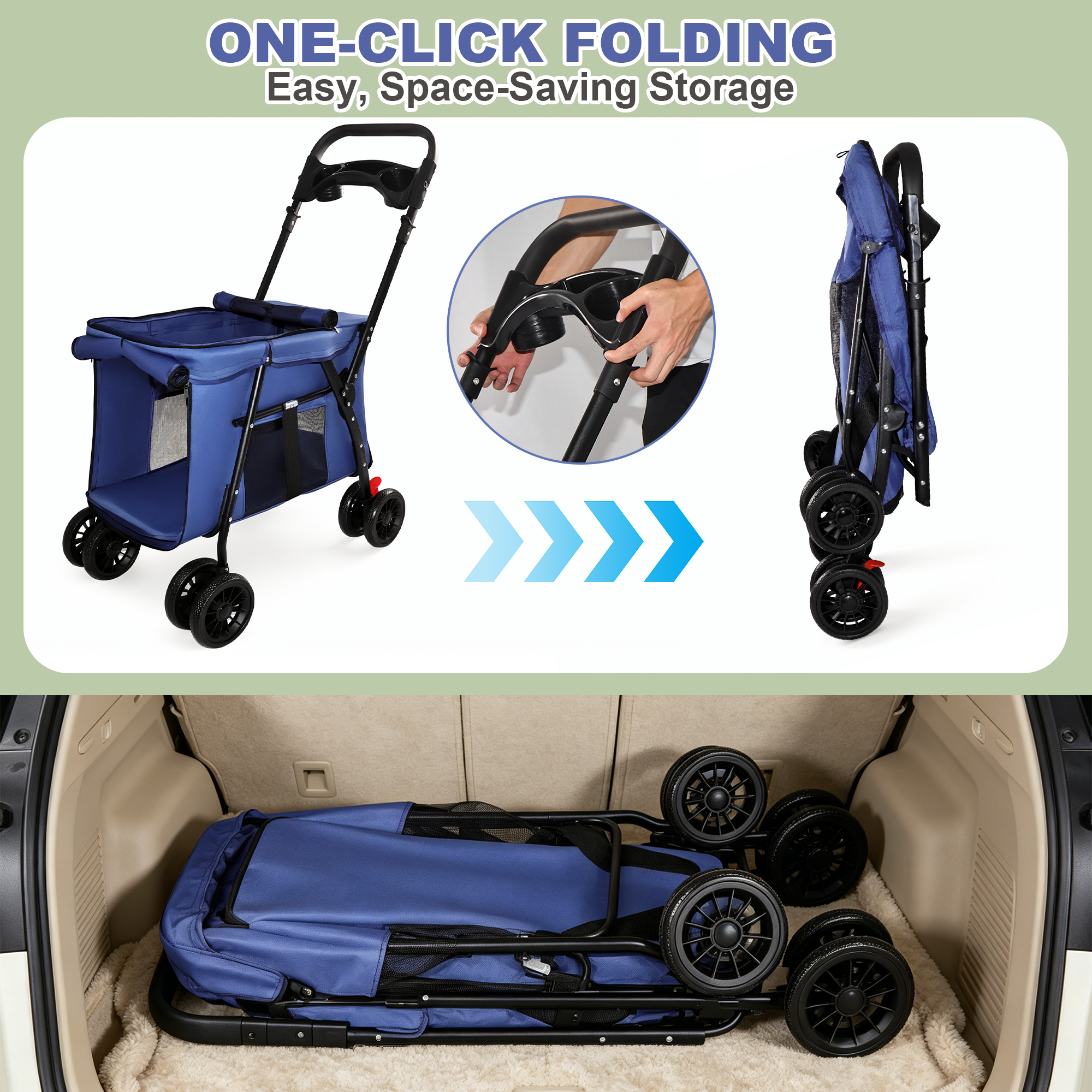 Pet Stroller, Foldable 4-Wheel Design, Breathable Mesh Dog Cat Stroller with Shockproof Wheels, Brake System, Storage Tray, 2 Fixed Safety Leashes, Large Space for Small Medium Pets, Navy Blue — image 19