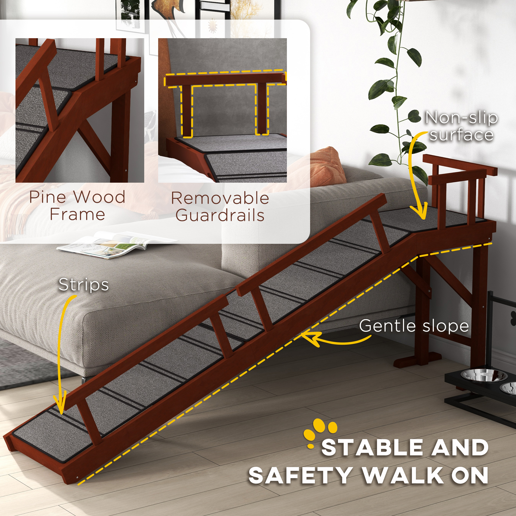Wooden Dog Ramp with Removable Guardrails, Non-Slip Surface, 73" Long, Brown — imagen 3