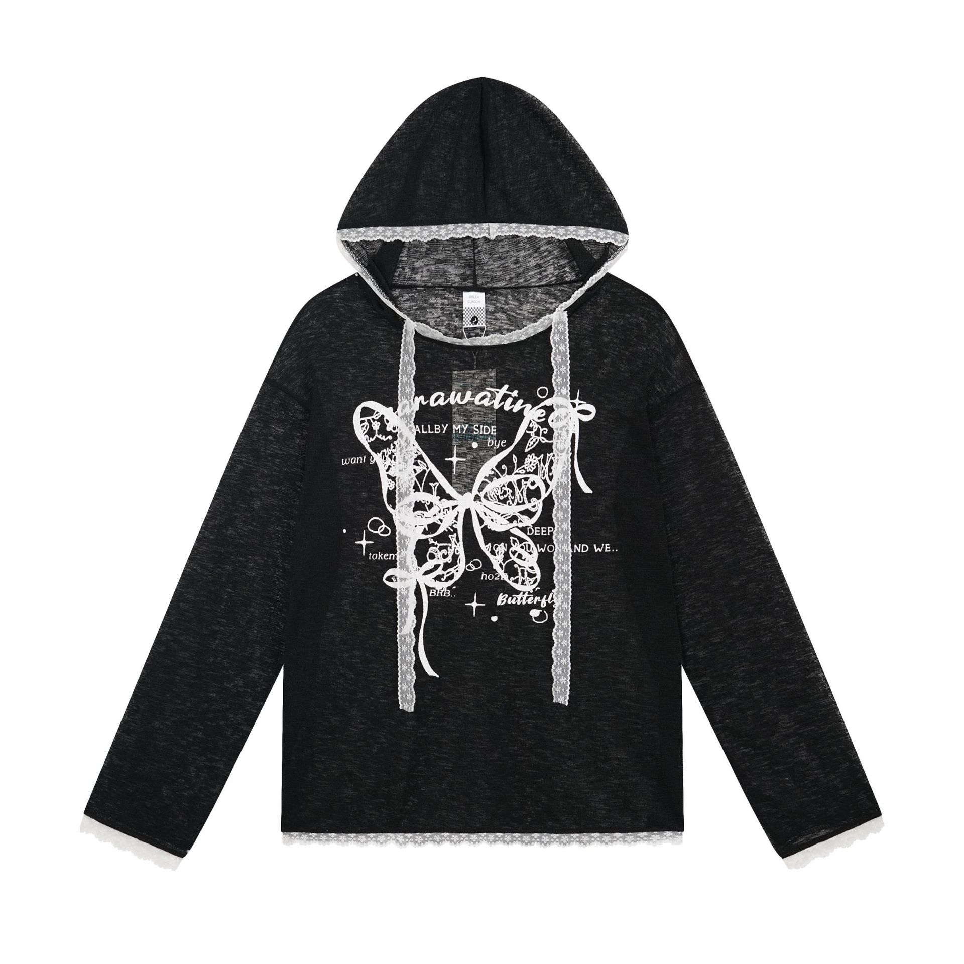 Lace Butterfly Applique Hoodie Lightweight Breathable Lace Trim Sweet Style Long Sleeve — image 4