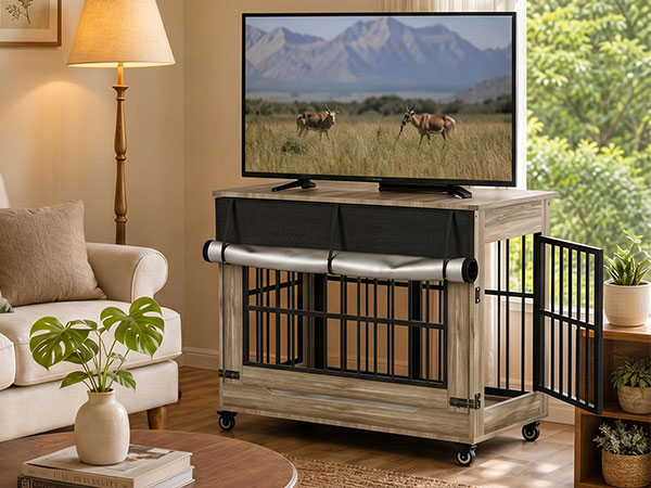 Large Dog Crate Furniture, Double Door Wooden Indoor Dog Kennel Furniture, Decorative Pet Cage End Table With Wheels For Large Breed Dogs, Size XL, Greige — image 24