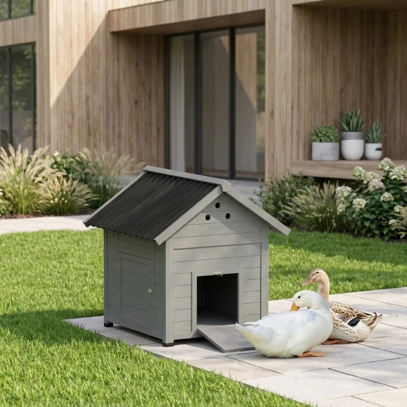 Duck Coop, Wooden Duck House With Openable Roof & Double Doors, Light Gray — image 4