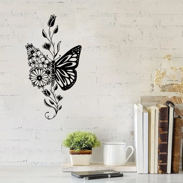 Arte de Muro de Mariposa y Flor en Aluminio con Silueta Natural para Decoración del Hogar — imagen 1