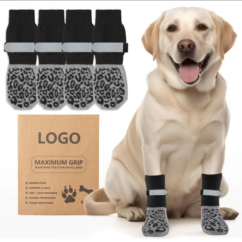 Non-slip Bottom Cotton Socks for Large Dogs, Quiet Pet Socks with Black Leopard Print, Dog Shoes for — image 5