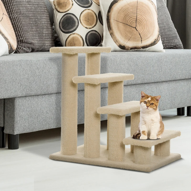 Rascador para Gatos de 4 Escalones y Múltiples Niveles Enmoquetado, Escalera para Mascotas, Blanco Crema — imagen 7