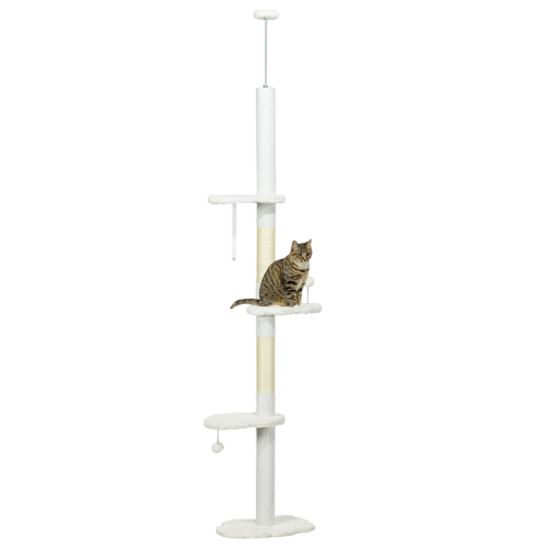 PawHut Floor To Ceiling Cat Tree With Scratching Posts, 88.5-100.5 Adjustable Height, Cat Climbing Tower With Cloud Shape Platforms, Toy Balls, Anti-toppling Device, White — image 4