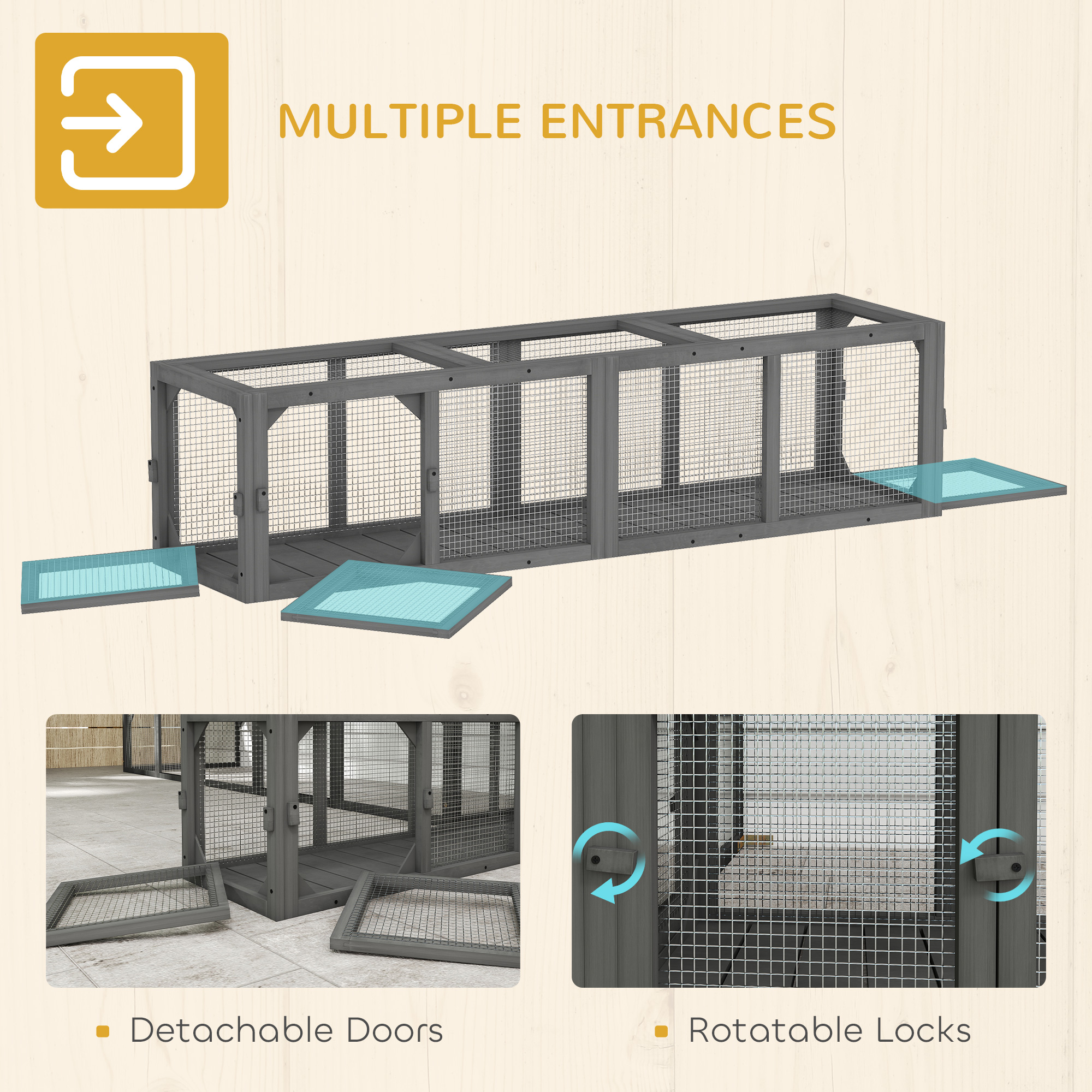 Outdoor Cat Tunnel, 59" Wooden Play Cat Enclosure, Extendable Pet Run with 3 Doors for Kitty, Puppy, Gray — image 3