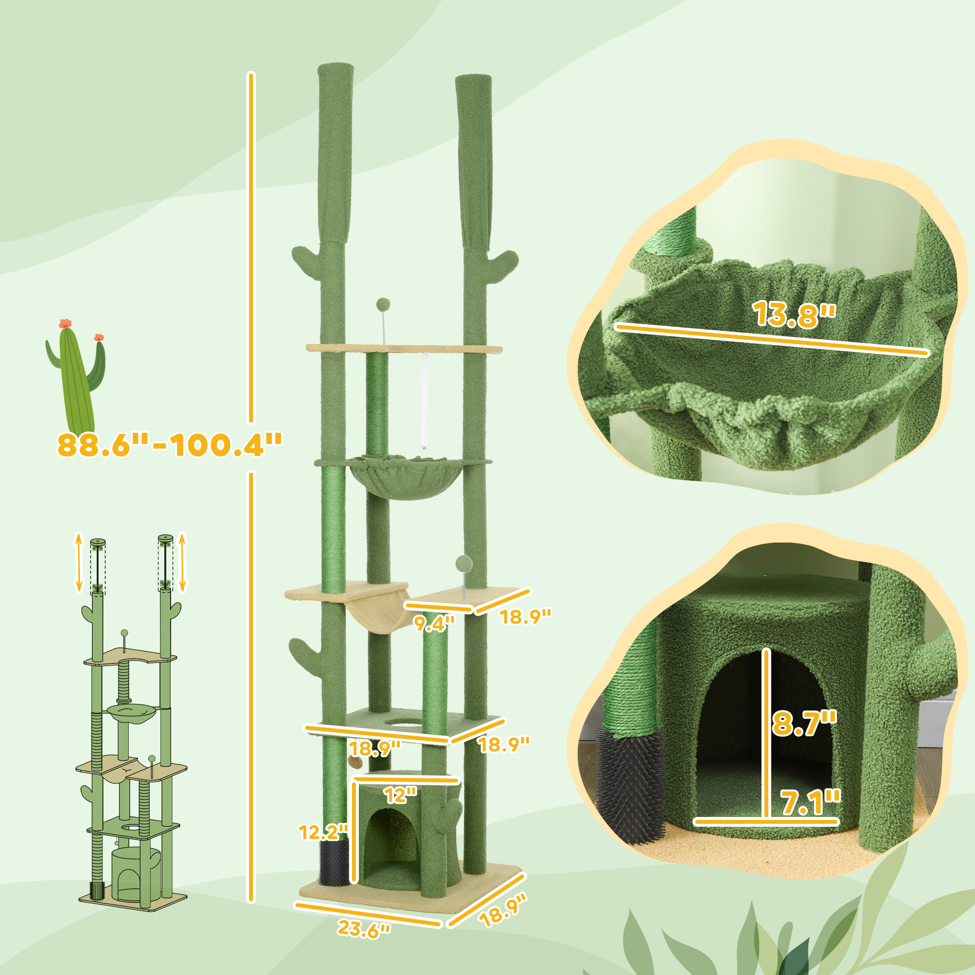 Rascador para Gatos del Piso al Techo 89"-100", Torre para Gatos con Poste con Cepillo de Aseo, Casita y Hamaca, Verde — imagen 2