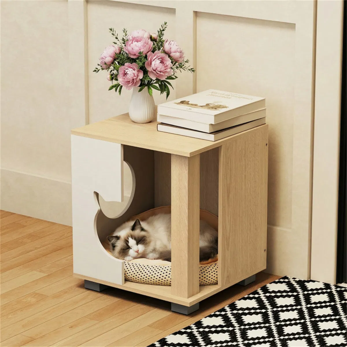 Multipurpose Wooden Cat House Nightstand, Sturdy Metal Base Anti-Slip Pet Furniture — image 2