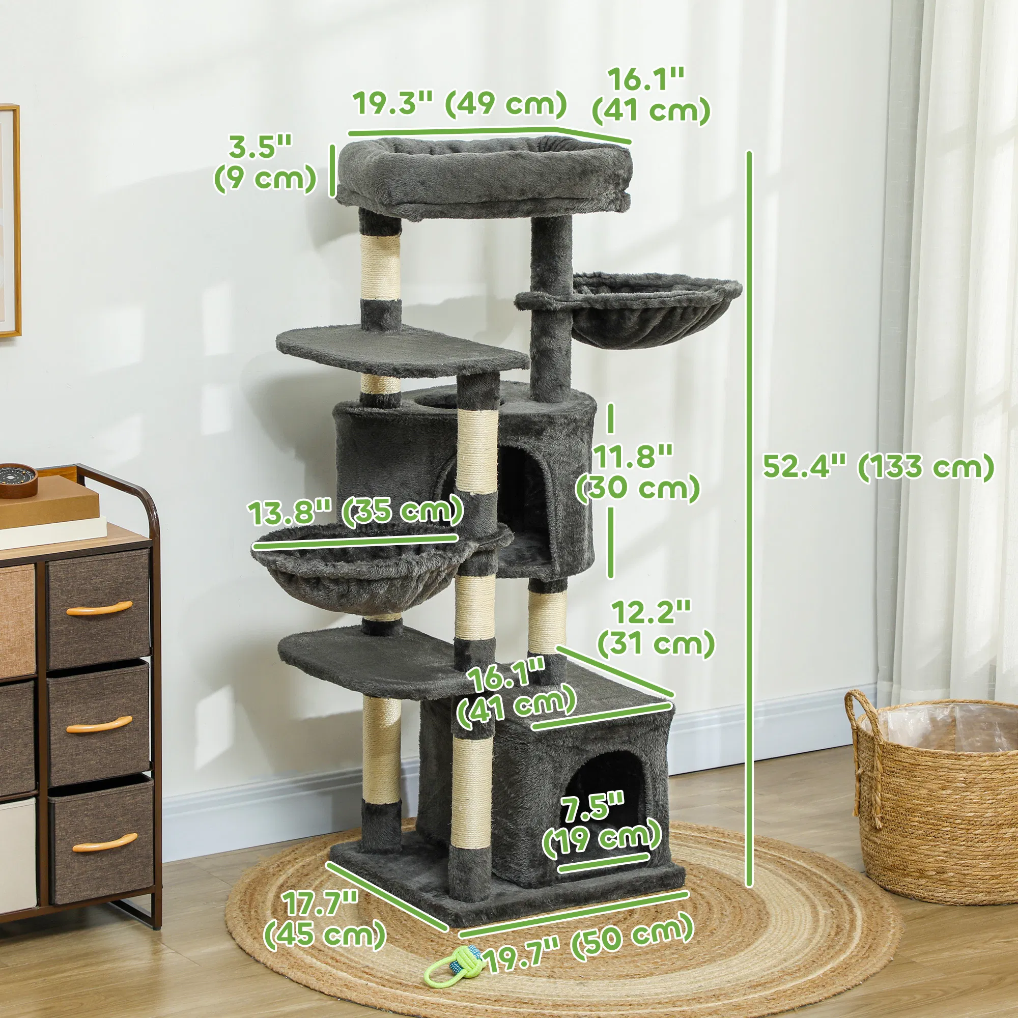 52.5" Cat Tree Tower with Scratching Posts, Cat Condos, Bed, Platforms, Hammocks, for Indoor Cats, Dark Grey — image 5