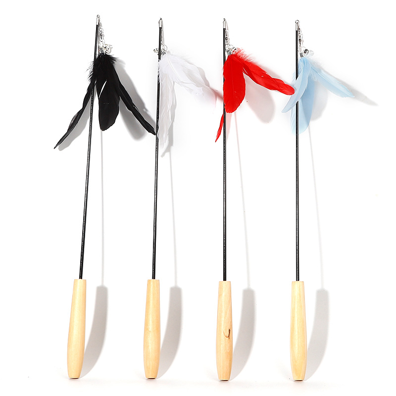 New Pet Products Wood Handle Carbon Fiber Rod Two Section Telescopic Cat Stick Monochrome Feather Bell Cat Toy — image 4