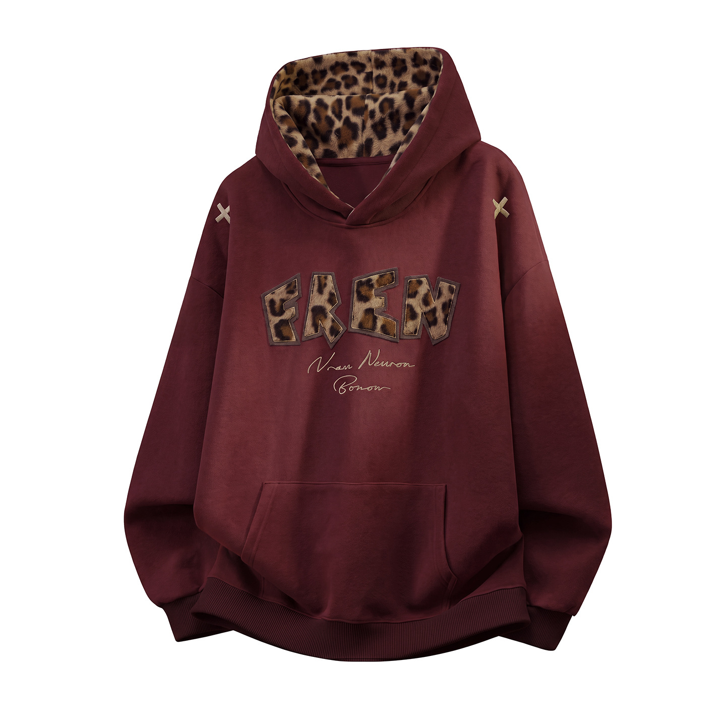 Heavyweight Texture Leopard Applique Hoodie for Men, Autumn Patchwork Casual Trendy Hooded Sweatshirt — image 7