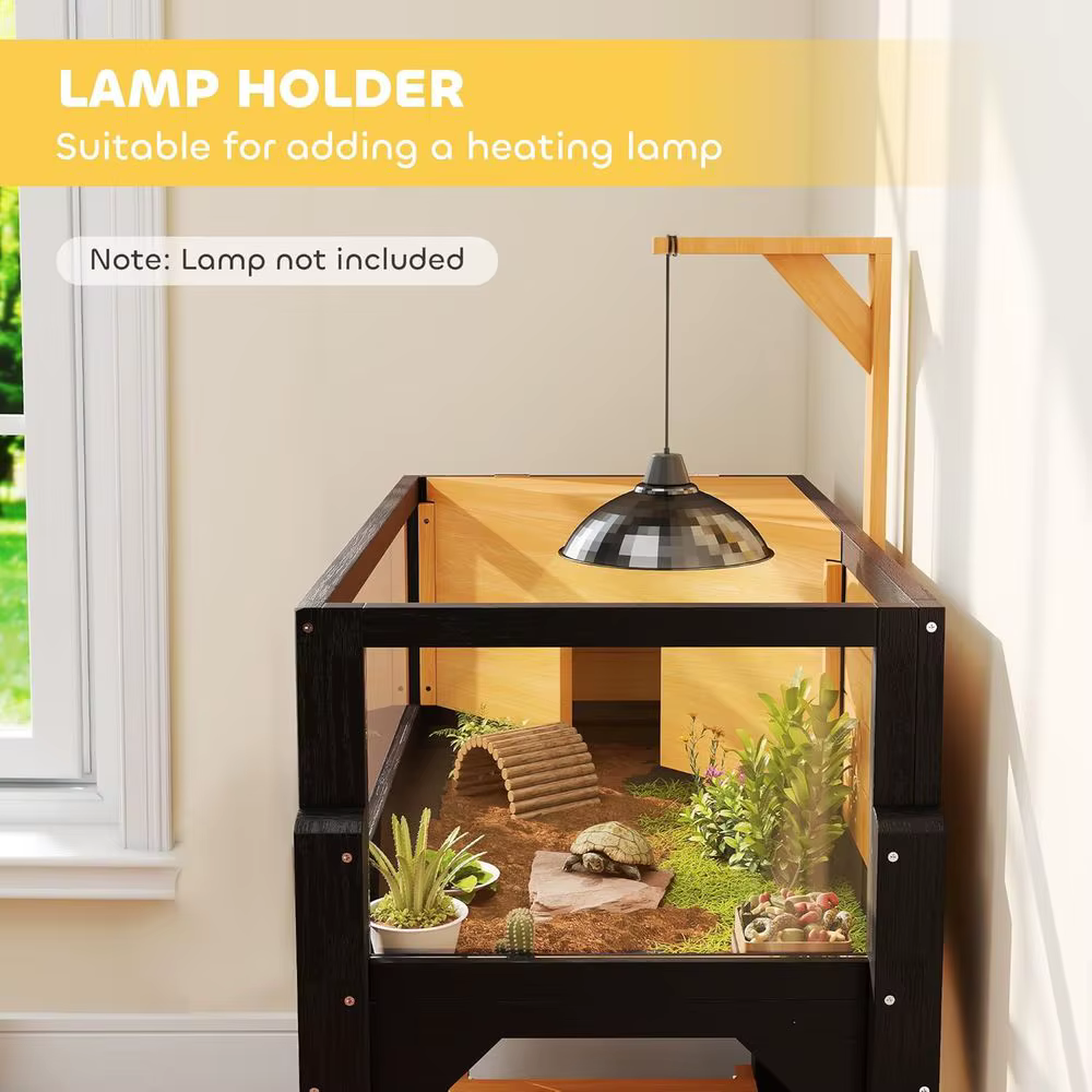 Tortoise Habitat w/Storage Shel, Clear Windows, Lamp Holder Yellow | Wooden Tortoise Enclosure, Openable Top, Built-in Tray, Rep — image 6