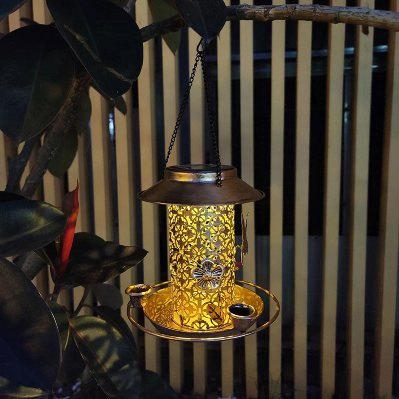 Outdoor solar powered lamp metal hanging bird feeder feeding and watering dual-purpose bird feeder decorative lamp — image 2