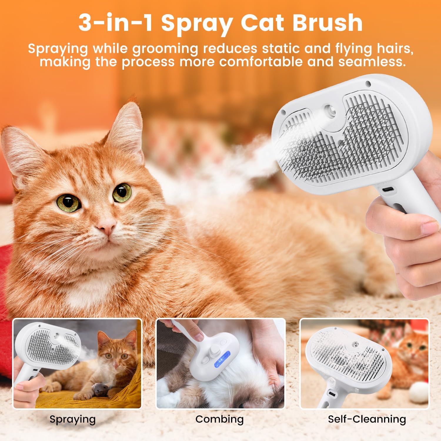 Cepillo de Vapor 3 en 1 para Gatos, Cepillo de Vapor para Mascotas de Pelo Largo y Corto, Peine con Spray para Eliminar Pelo en Animales Pequeños, Cepillo con Rociador de Niebla de Agua y Botón de Liberación — imagen 7