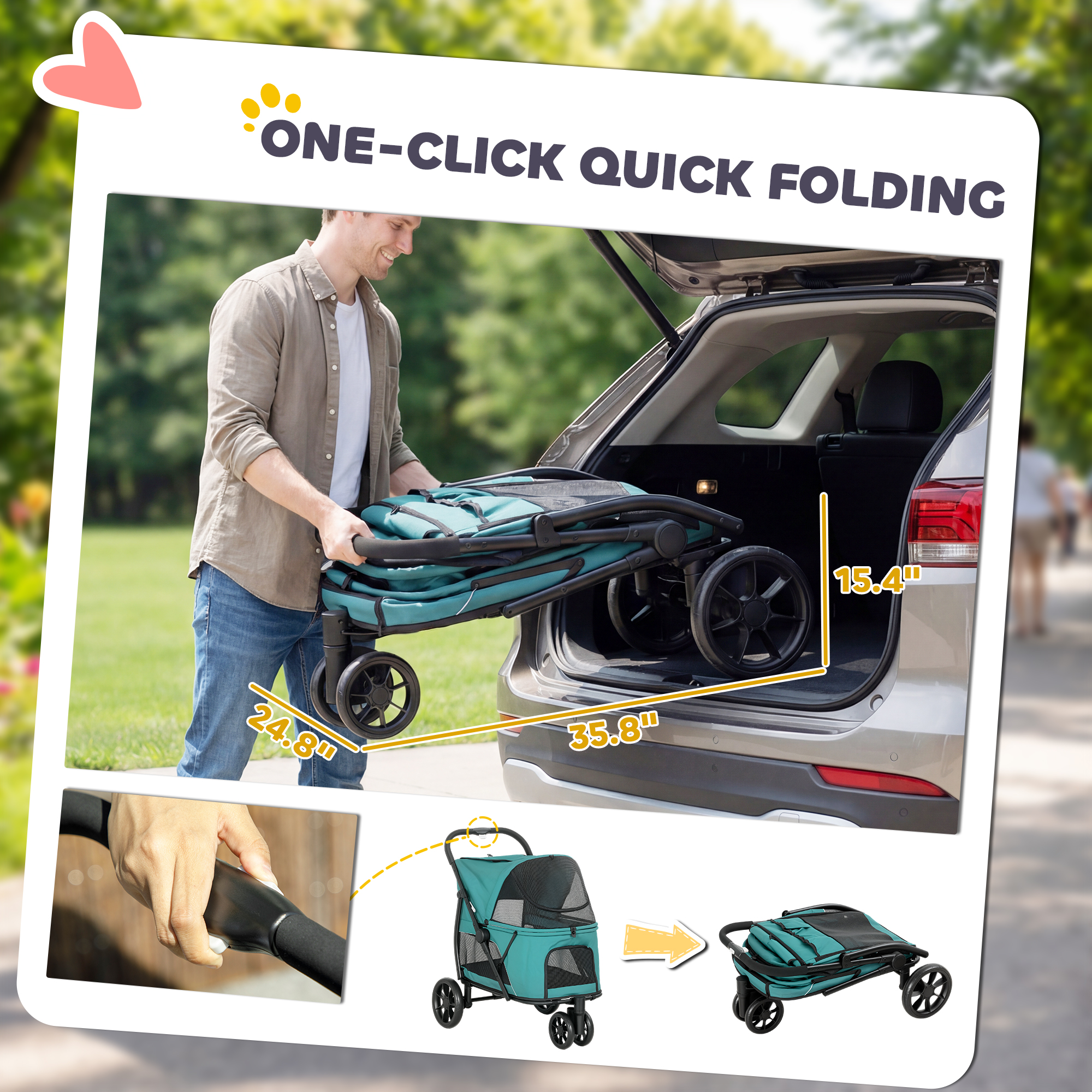 3 Wheel Pet Stroller with Easy One-Click Quick Fold, Mesh Window, Washable Cushion, for Medium Dogs, Dark Green — image 2