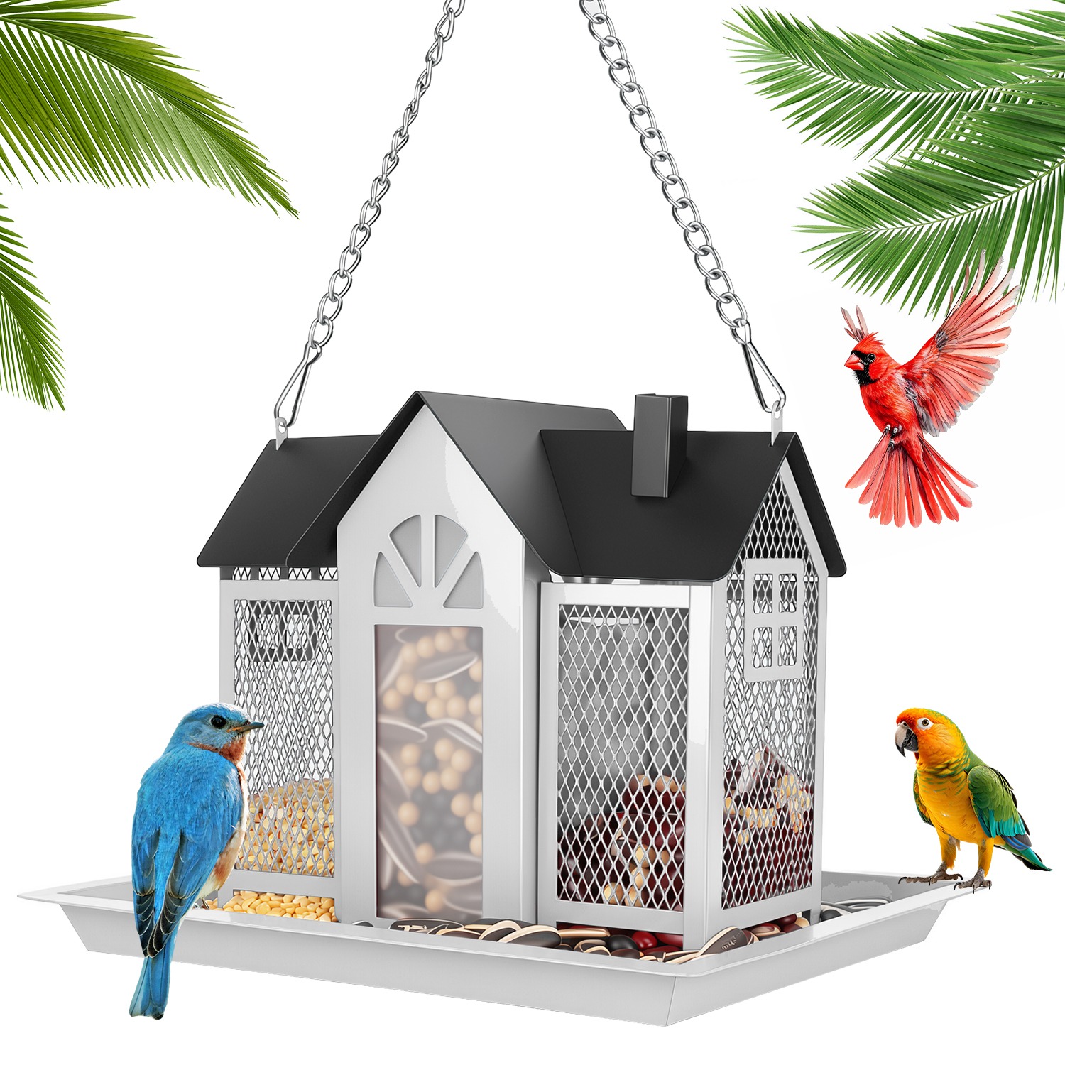 Casa de Comida para Pájaros Colgante Clásico Estilo Granja con Ventana Visible y Tapete Superior de 15,75 Pulgadas — imagen 6