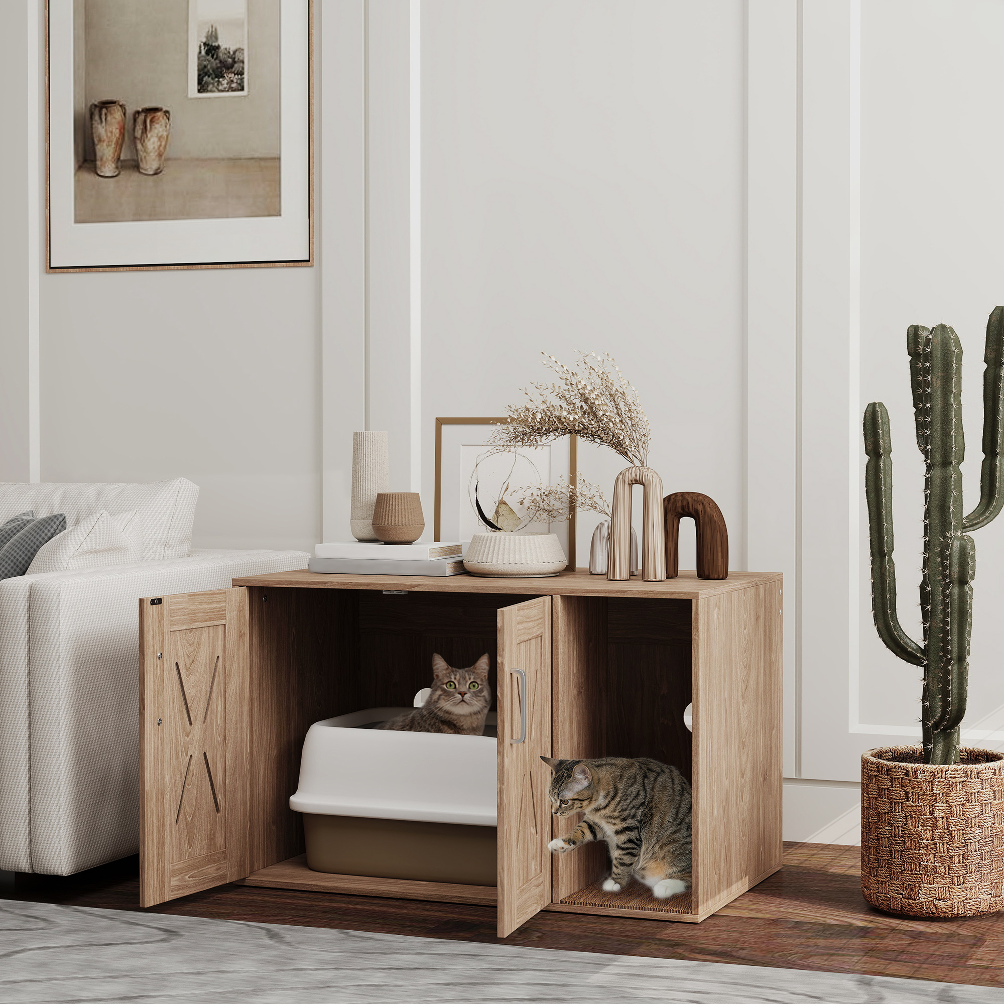 Caja de Arena para Gatos con Tablero de Rasguñado, Mesa Lateral y Baño para Mascotas, 81 cm x 48 cm x 51 cm, Madera Marrón Claro — imagen 3