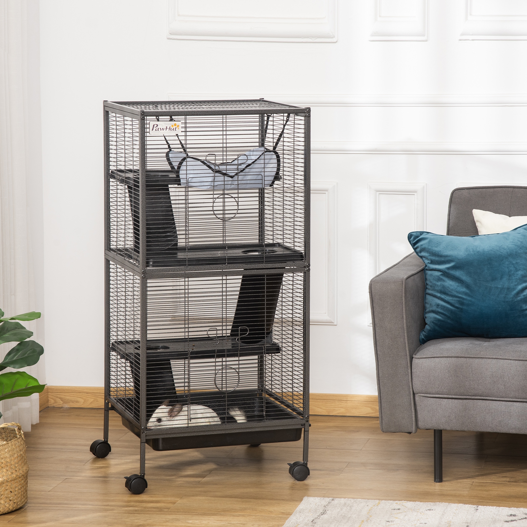 Caja de Animales Pequeños en Metal con Ruedas, Ferret Caja Grande, Caja para Chinchillas, Caja para Glider de Azúcar, con Hamaca & 4 Niveles, bandeja Removible, Gris — imagen 1
