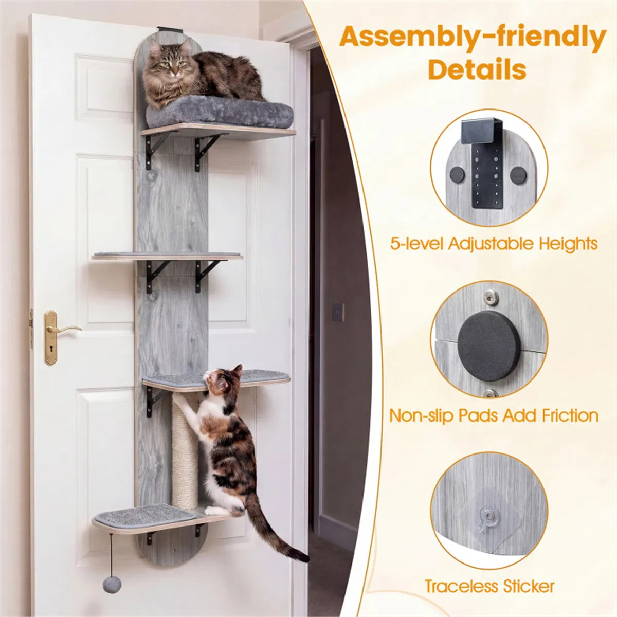 Door Hanging Cat Tree 5-Level Height Adjustable 4-Tier Climber No-Drill for Apartment Grey — image 9