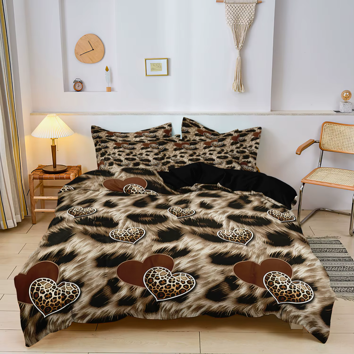 Funda nórdica premium de 3 piezas con estampado de leopardo en forma de corazón, estampado animal, fabricada con tela suave y transpirable, decoración para el hogar y el dormitorio universitario — imagen 3