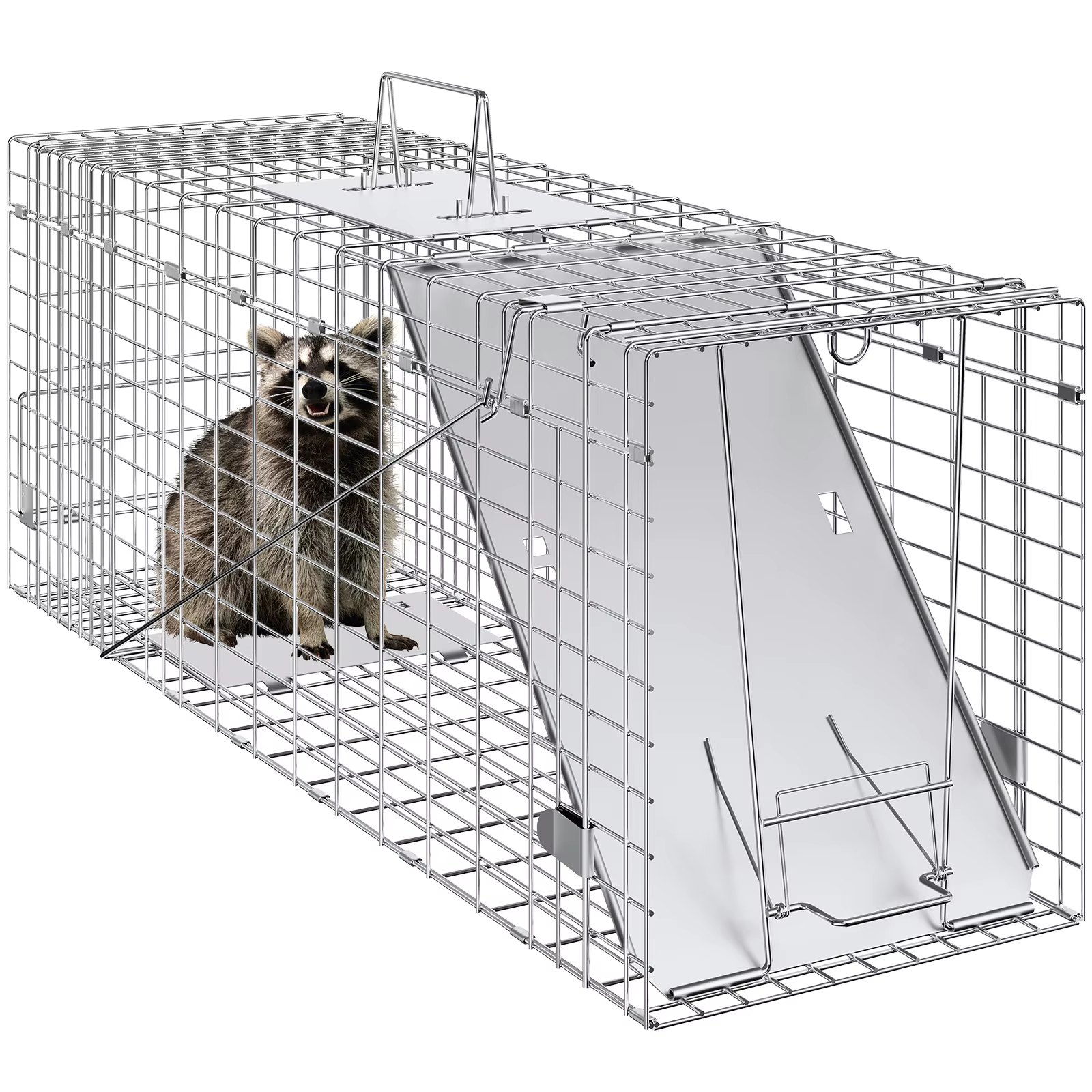 SucceBuy 24/31/42/50in Animal Cage Trap Folding Humane Cat Trap Galvanized Iron with Handle for Rabbits Squirrels Groundhogs — image 1