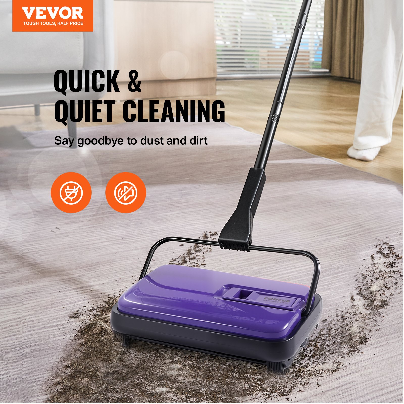 Carpet Sweeper Manual, Floor Sweeper With 300 Ml Dustbin Capacity Easy To Empty, 6.7 Inch Cleaning Width For Home Office Carpets Pet Hair Dust, Purple — imagen 4