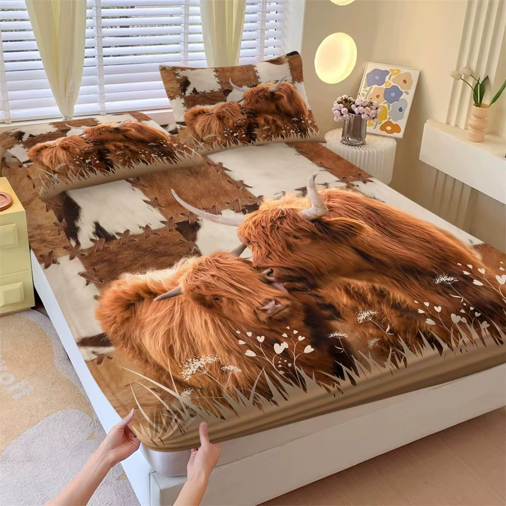 3Pcs Highland Cow Fitted Sheet Set Farmhouse Style Bedding Set Rustic Animal Bed Sheets Set Soft Deep Pocket for Bedroom Decor — image 1