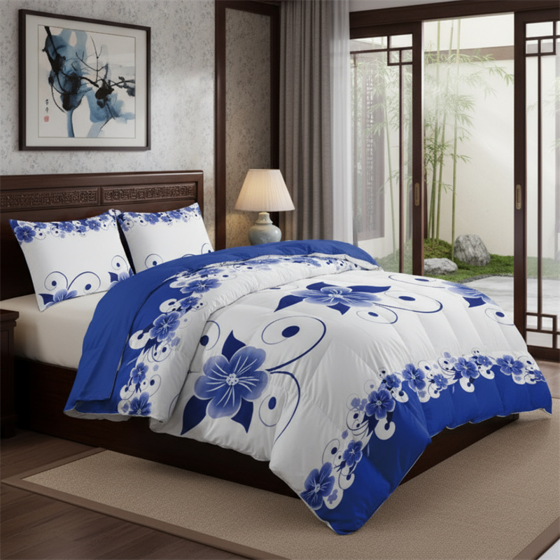 Conjunto de 3 Piezas de Cubierta de Duvet, Diseño de US Azul y Blanco Florales Botánicos Impresos en Alta Densidad, Con Cierre de Corcheta y Cordones de Esquina, Materiales de Cama Amigables con Mascotas — imagen 9