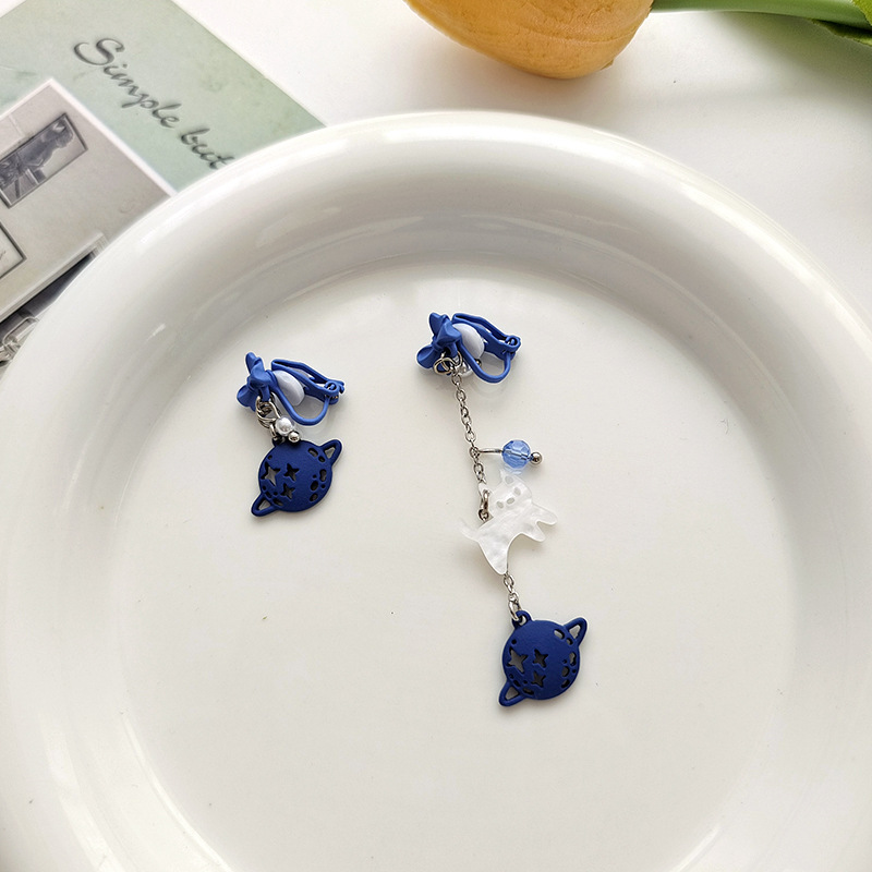 Pendientes de aguja de plata S925 Klein Blue Bow, asimétricos, de gato, largos — imagen 2