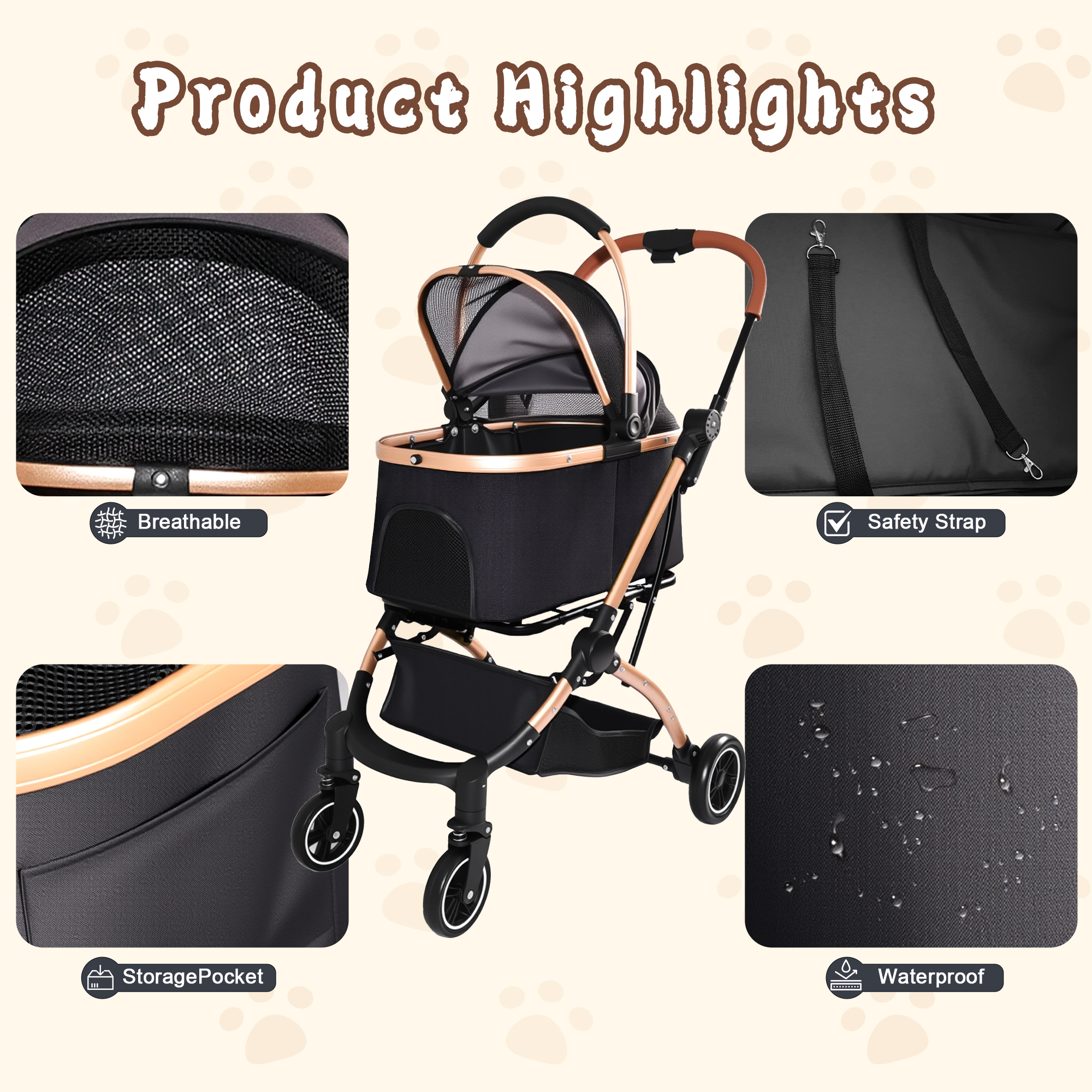 Pet Stroller for Dogs and Cats, 2-in-1 Detachable Foldable 4 Wheels Pet Stroller, Quick One-Hand Fold, Storage Basket, Detachable Carry Basket with Sun Canopy(Black+Gold) — image 14