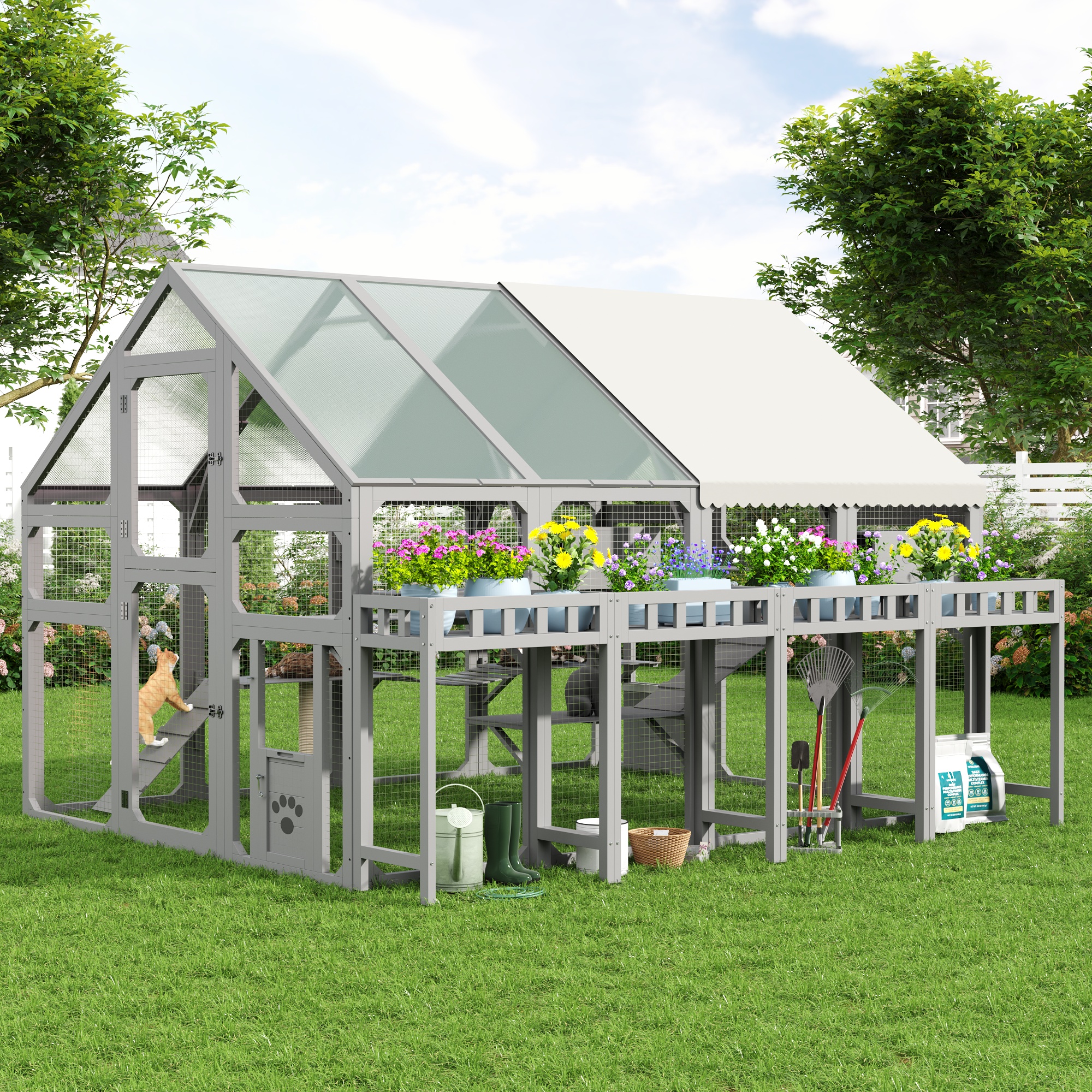 Casa Exterior para Gatos Grande con Plataforma de Maceta, Encierro de Madera para Gatos con Cajas de Descanso para Varios Gatitos, Puente Suspendido, Plataformas, Catio Accesible con Cubierta Impermeable, Gris — imagen 1