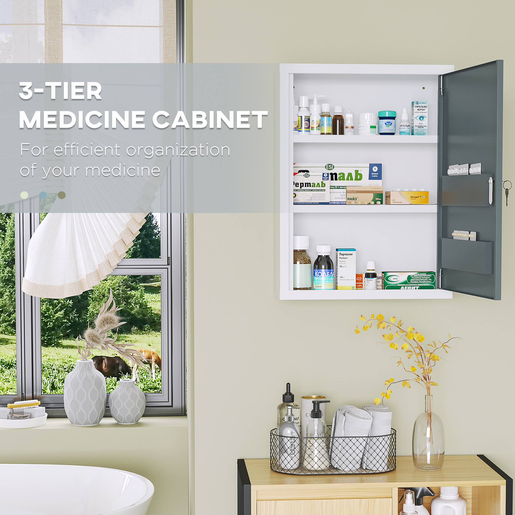 Cajón de Medicamentos para Baño con Estantes Internos y en la Puerta, Armario Seguro con Cerradura para Niños y Mascotas, Primeros Auxilios en Pared, Blanco y Gris — imagen 6