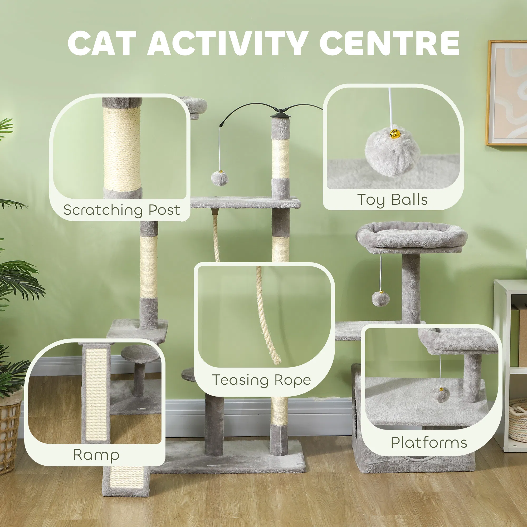 53" Cat Tree, Cat Tower with Scratching Posts, Cat Condo, Beds, Platforms, Toy Balls for Indoor Cats, Light Grey — image 4