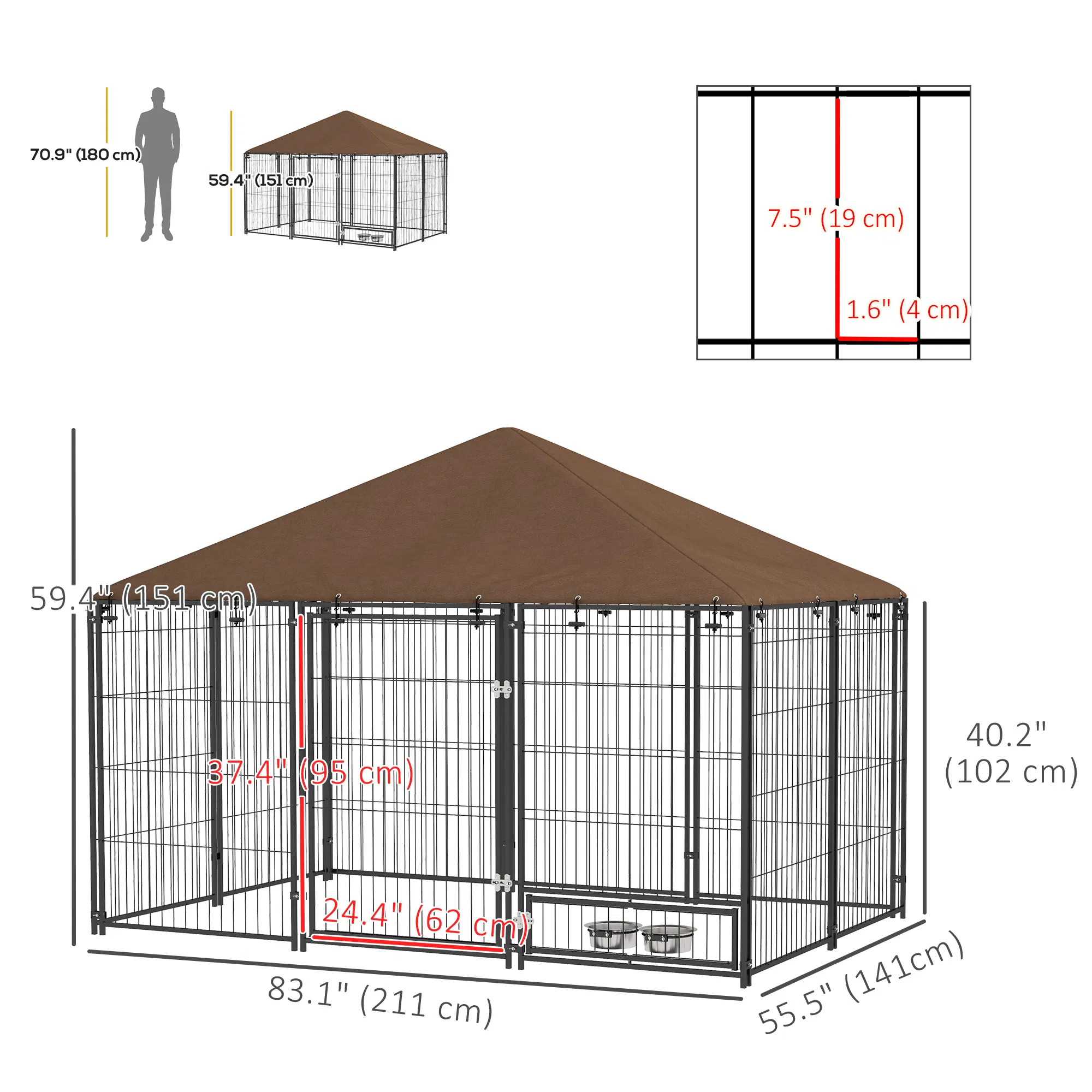 6.9' x 4.6' x 5' Outdoor Dog Kennel with Canopy, Rotating Bowls, Coffee — image 3