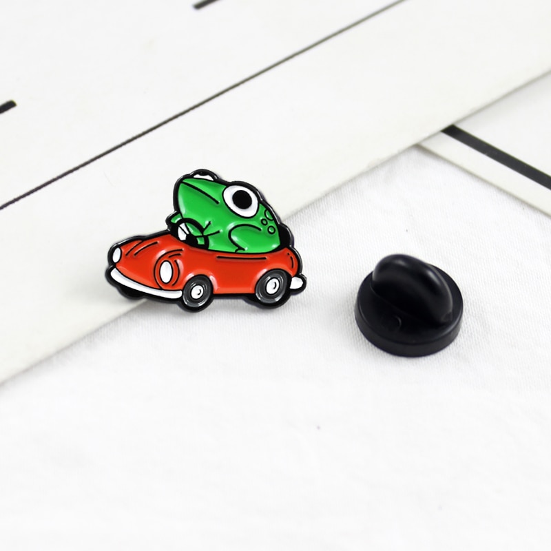 Frog Driver Enamel Pin Small Red Car Brooch Backpack Clothes Lapel Funny Animal Frog Jewelry Gift for Friends Children — image 5