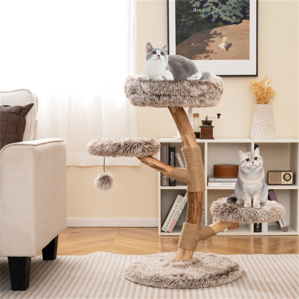 Árbol de Gato Multinivel en Madera de Perejil Natural, Postes de Rasguñado de Sisal, Pelotas Plumas y Tela Larga — imagen 2