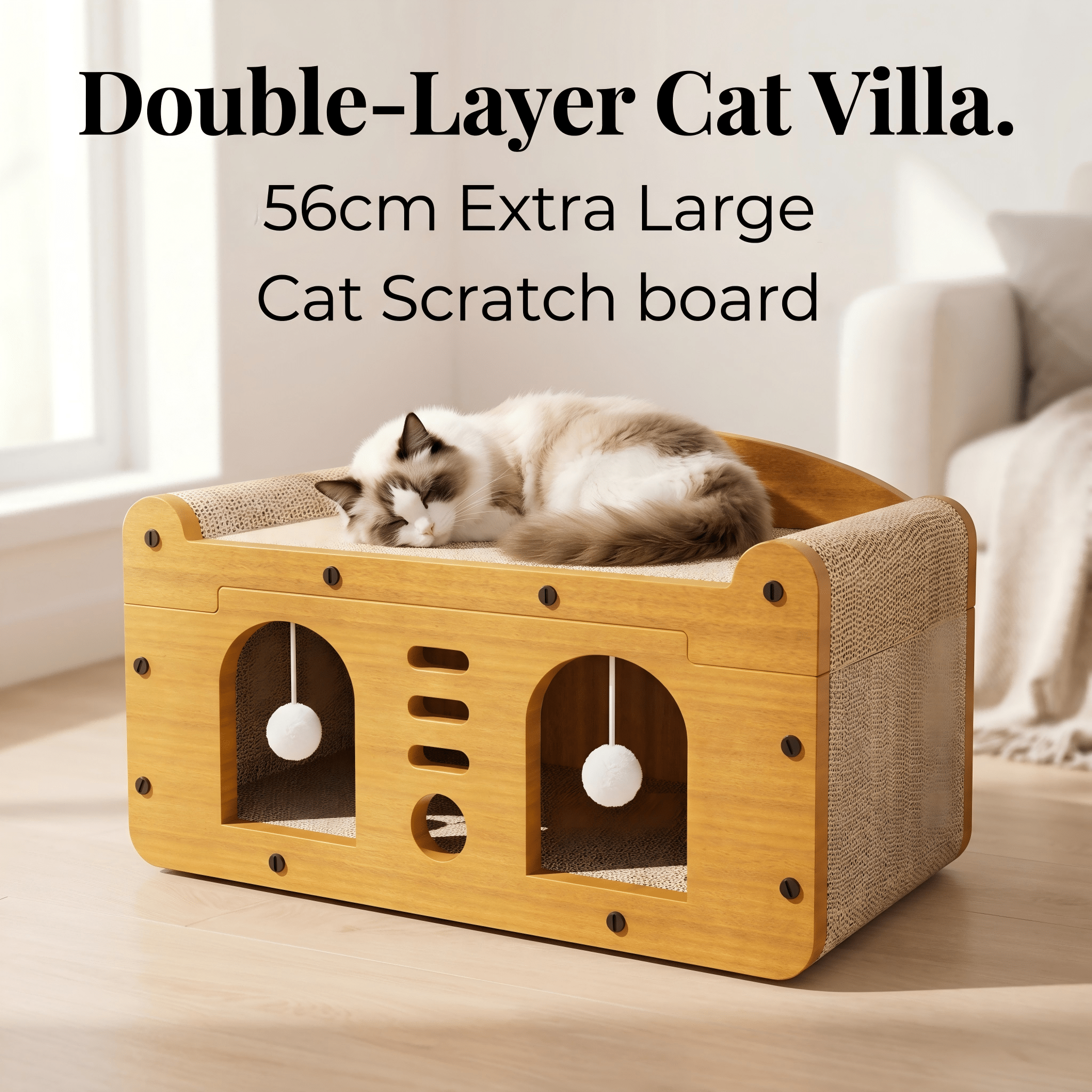 Casa de Gato Multiestilo con Dos Capas: 2 Niveles Grande para Perros y Gatos con Cartón Corrugado, Bolas Suspensas Interactivas y Soporte Cervical Ergonómico para Hogares con Muebles — imagen 14