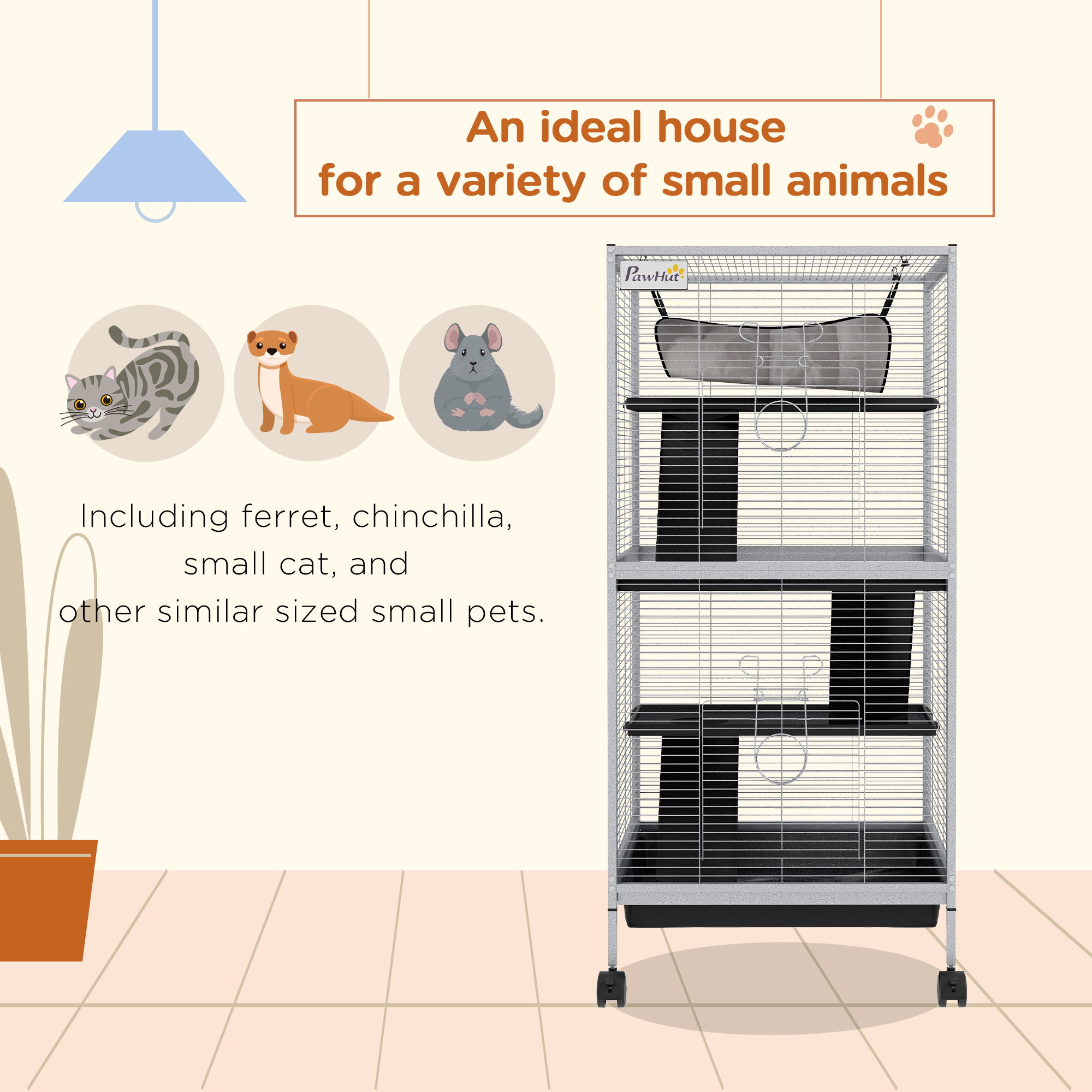 45" H Rolling Small Animal Cage with Hammock, Ferret Cage, Chinchilla Cage, Pet Habitat with 6 Doors, Removable Tray — image 5