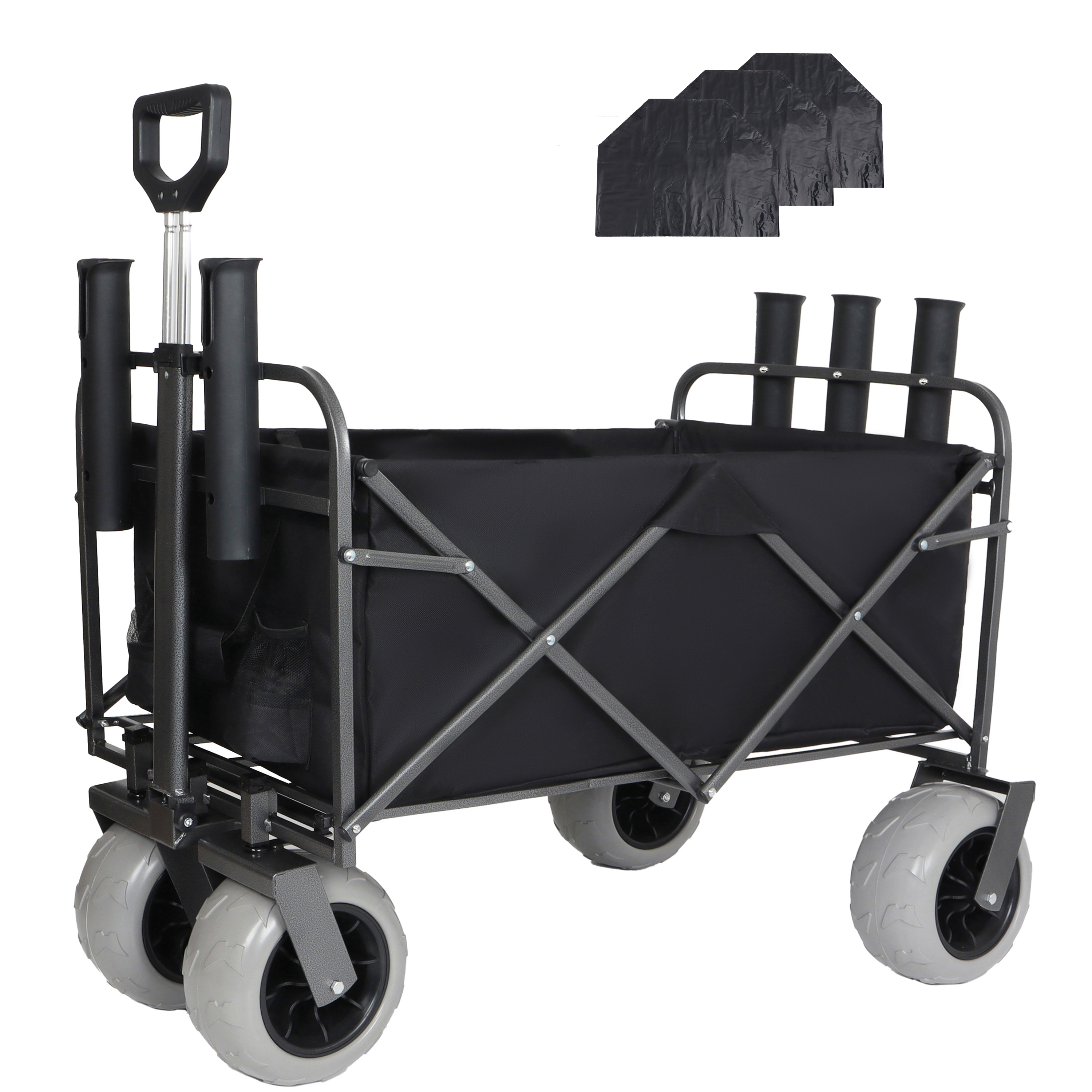 Fishing Cart With Rod Holders Beach Wagon With Big Wheels For Sand 500lbs Capacity - All Terrain Steel Frame Utility Cart With 9 Pneumatic Tires Strap With Multiuse Bag Black — imagen 1